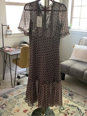 Zara Burgundy and White Printed Midi Dress
